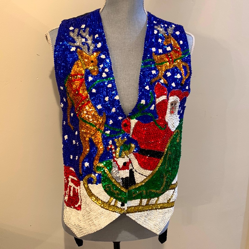 Vintage Sequins Seed Beaded Vibrant Christmas Festive Colorful Snap Up Vest S-M